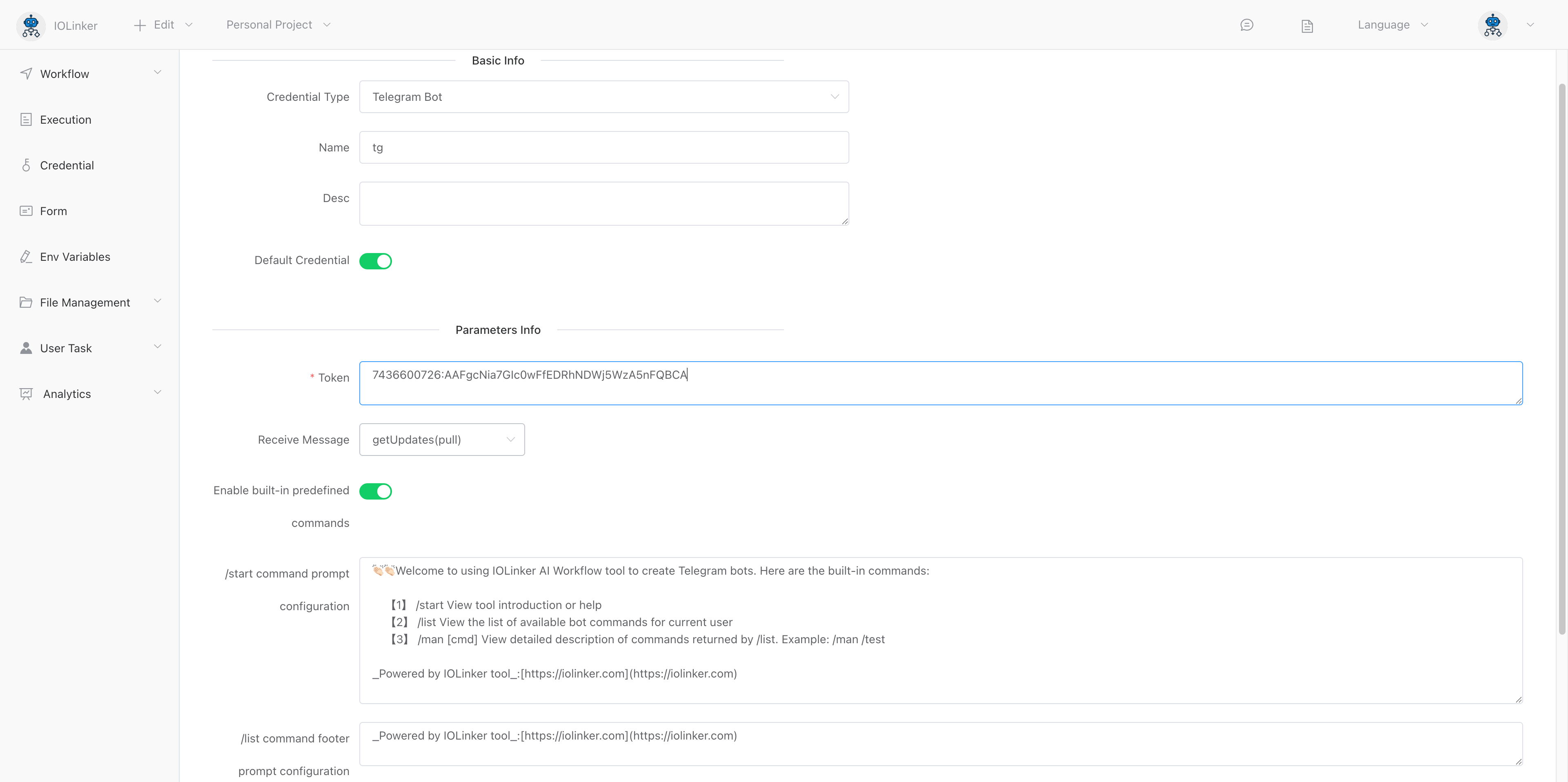 Creating Telegram credentials on IOLinker Creating Telegram credentials on IOLinker