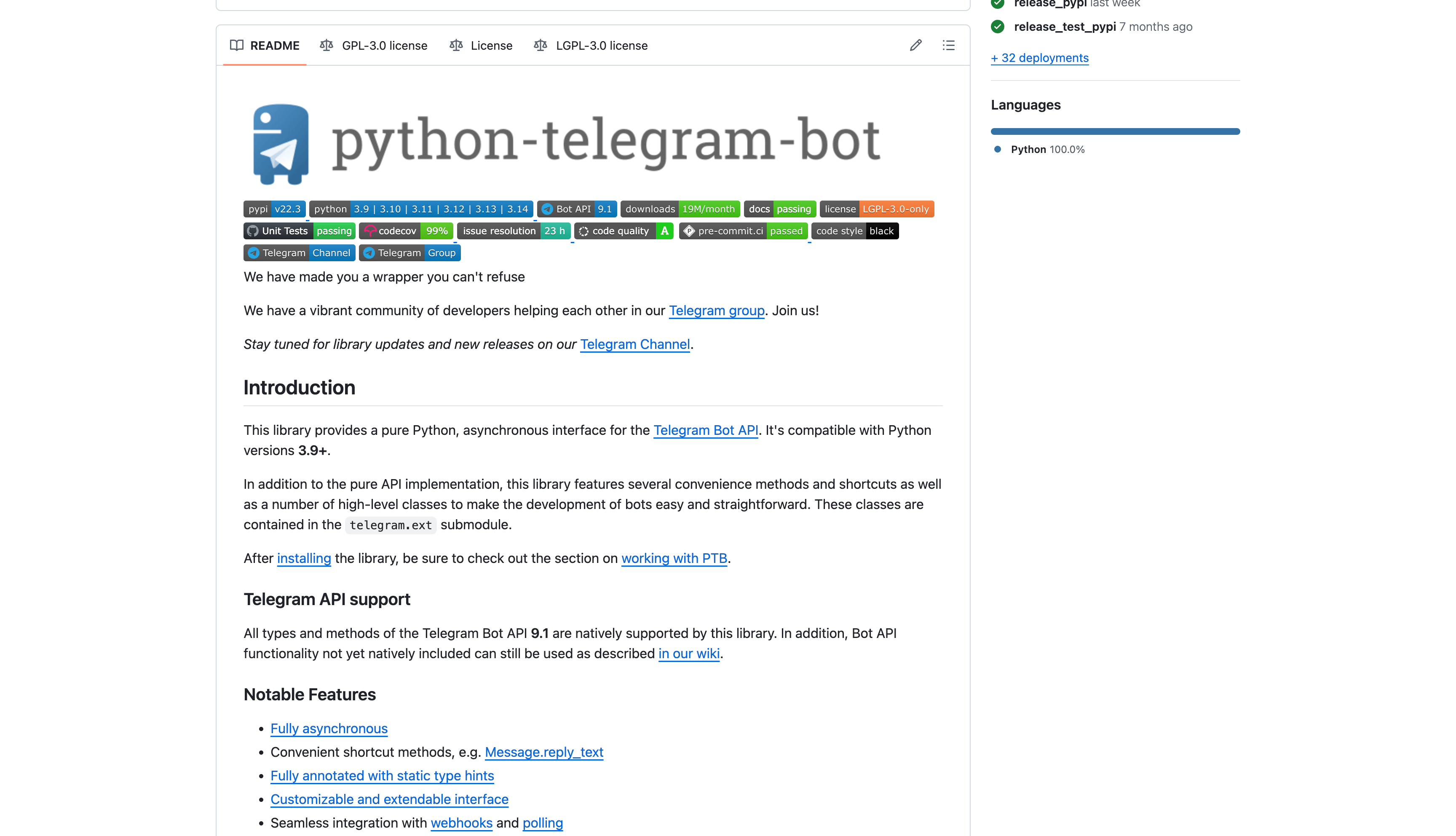https://github.com/python-telegram-bot/python-telegram-bot仓库介绍 https://github.com/python-telegram-bot/python-telegram-bot仓库介绍